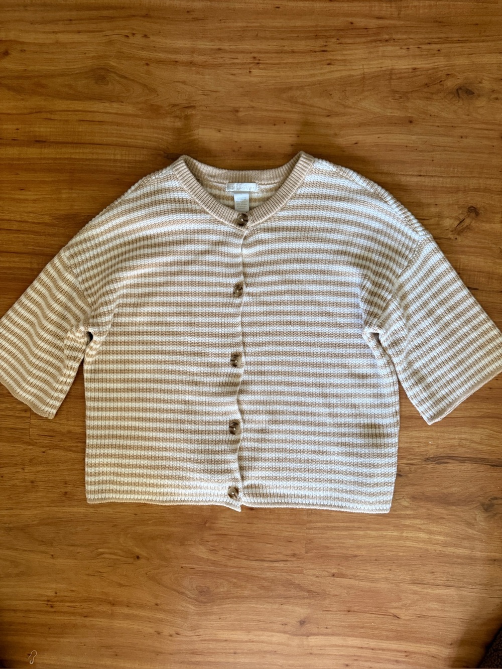Cream and White Striped Button-Front Knit Cardigan